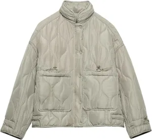 Women's Oversized Quilted Puffer Jacket Stand Collar Zip Up Lightweight Cropped Padded Winter Down Coat with Pockets