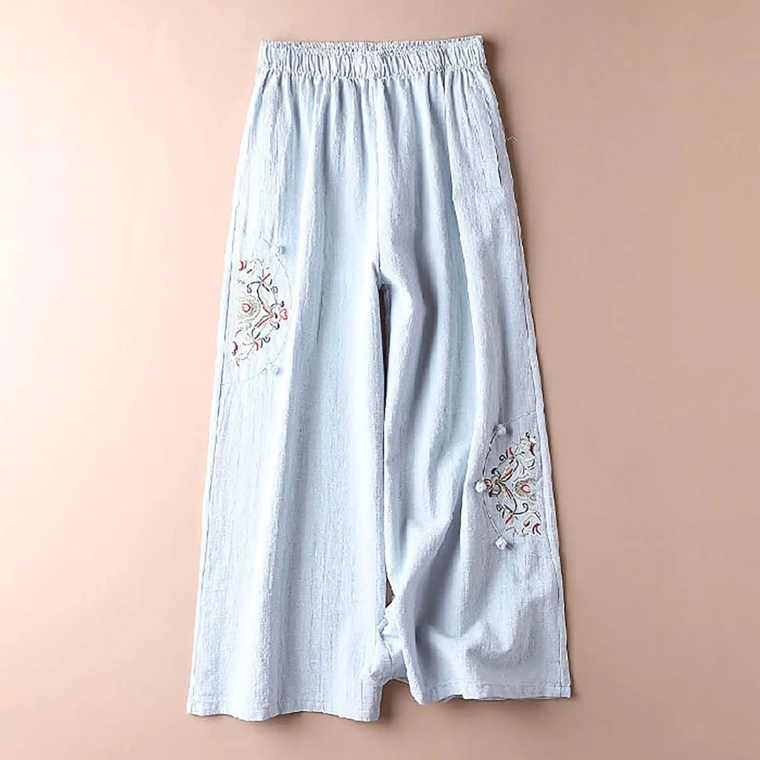 Women's Palazzo Pants Casual Plus Size Linen Wide Leg Pants Baggy Ankle Length Floral Embroidered Pants with Pockets