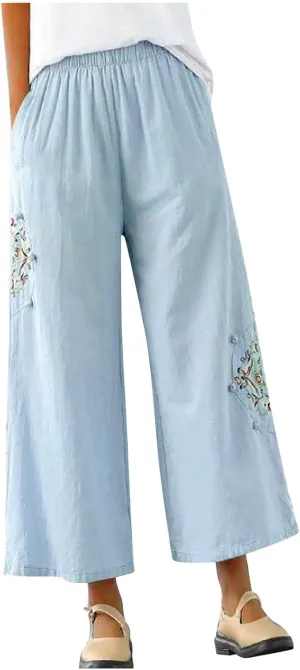 Women's Palazzo Pants Casual Plus Size Linen Wide Leg Pants Baggy Ankle Length Floral Embroidered Pants with Pockets