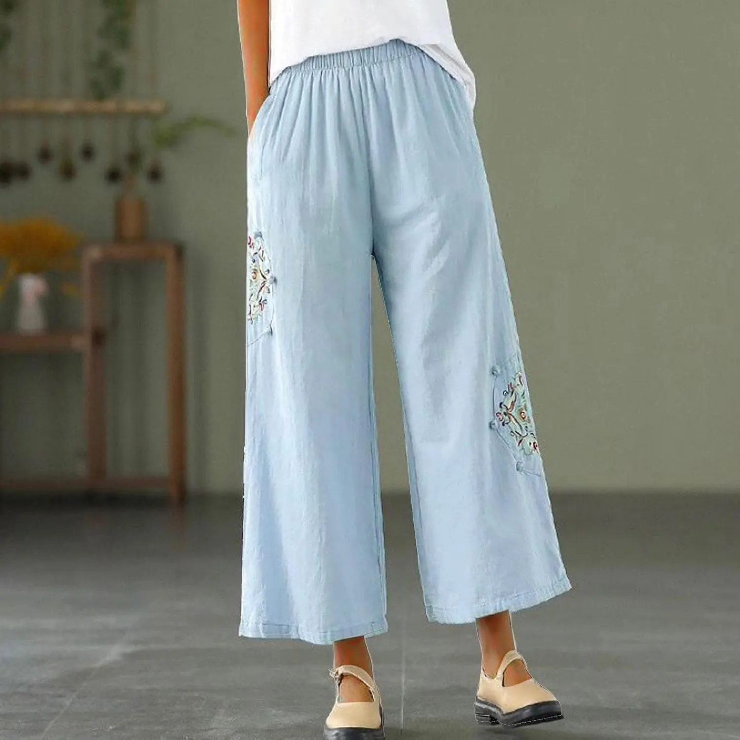 Women's Palazzo Pants Casual Plus Size Linen Wide Leg Pants Baggy Ankle Length Floral Embroidered Pants with Pockets