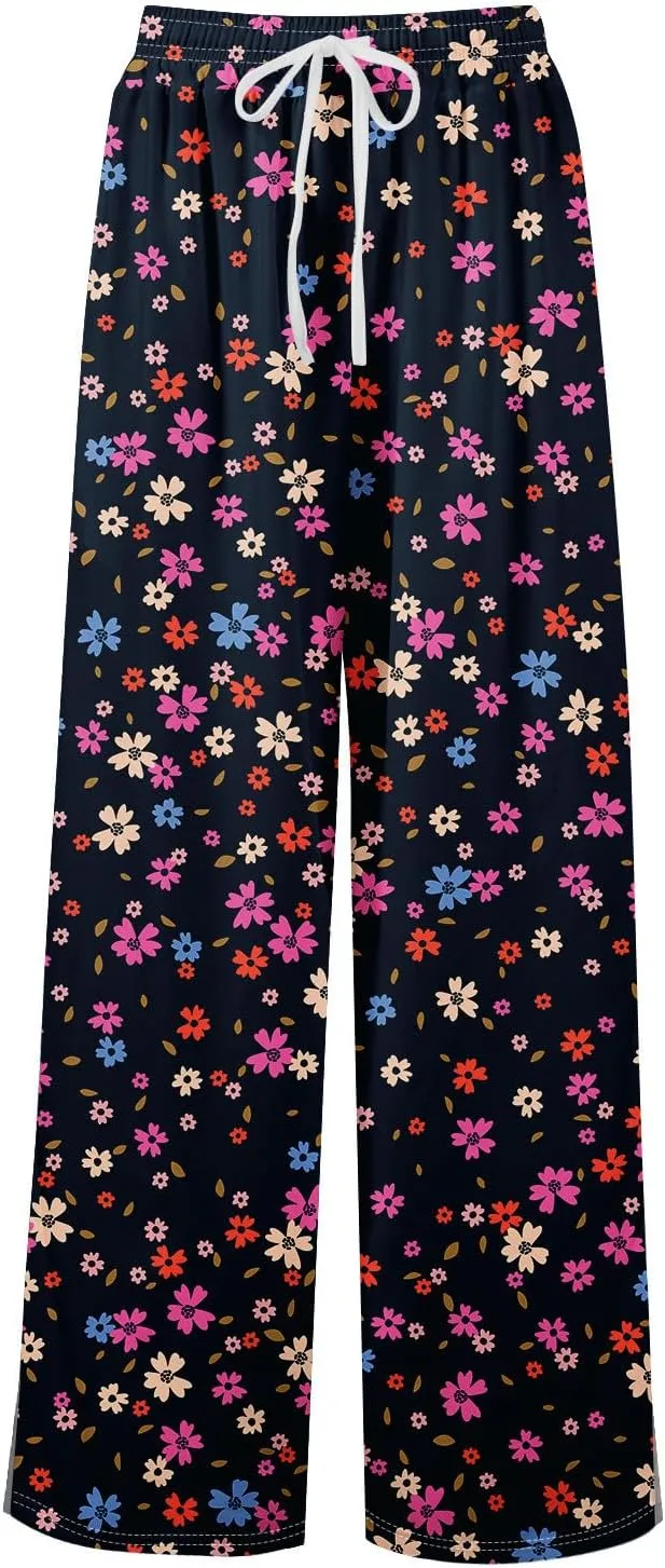 Women's Palazzo Pants Wide Leg Loose Floral Lounge Pants Boho Beach Drawstring Slacks with Pockets