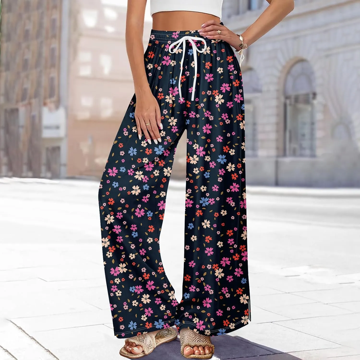 Women's Palazzo Pants Wide Leg Loose Floral Lounge Pants Boho Beach Drawstring Slacks with Pockets
