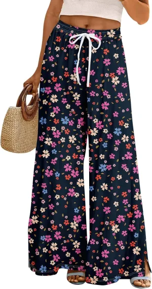 Women's Palazzo Pants Wide Leg Loose Floral Lounge Pants Boho Beach Drawstring Slacks with Pockets