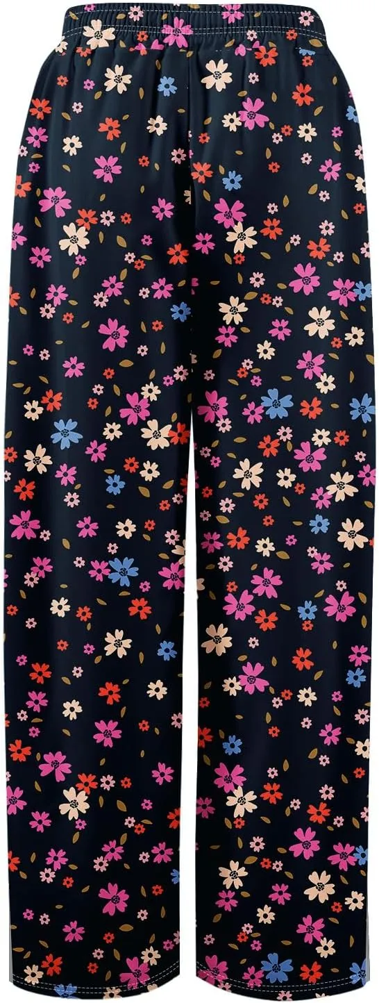 Women's Palazzo Pants Wide Leg Loose Floral Lounge Pants Boho Beach Drawstring Slacks with Pockets