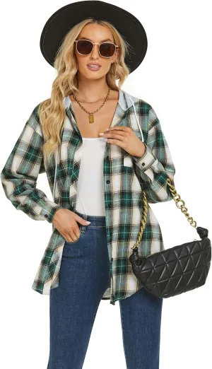 Women's Plaid Flannel Shirts Hoodie Long Sleeve Oversized Shirt Jacket Button Down Blouse Tops