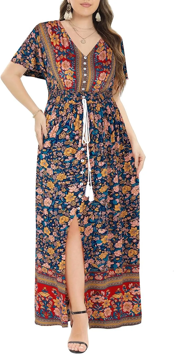 Women's Plus Size Floral Print Button Up Short Sleeve Split Flowy Beach Party Maxi Dress