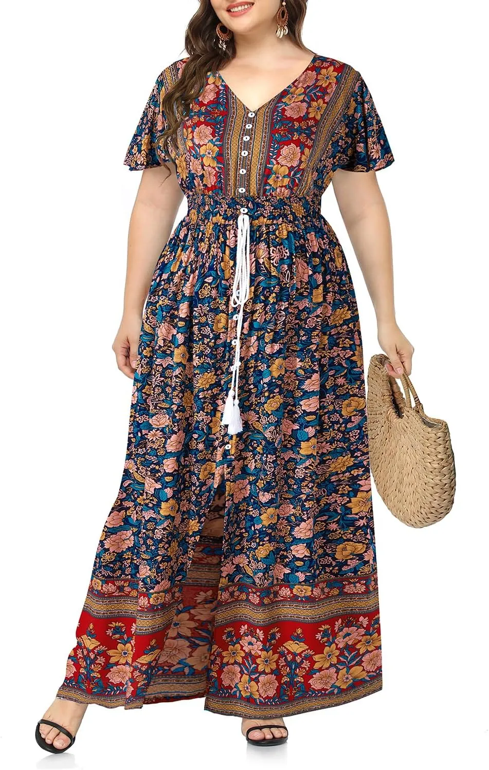 Women's Plus Size Floral Print Button Up Short Sleeve Split Flowy Beach Party Maxi Dress