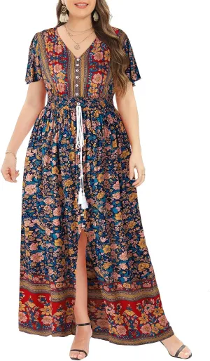 Women's Plus Size Floral Print Button Up Short Sleeve Split Flowy Beach Party Maxi Dress