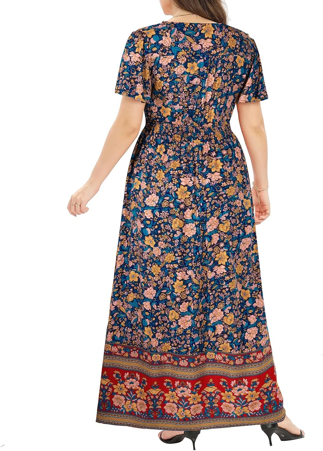 Women's Plus Size Floral Print Button Up Short Sleeve Split Flowy Beach Party Maxi Dress