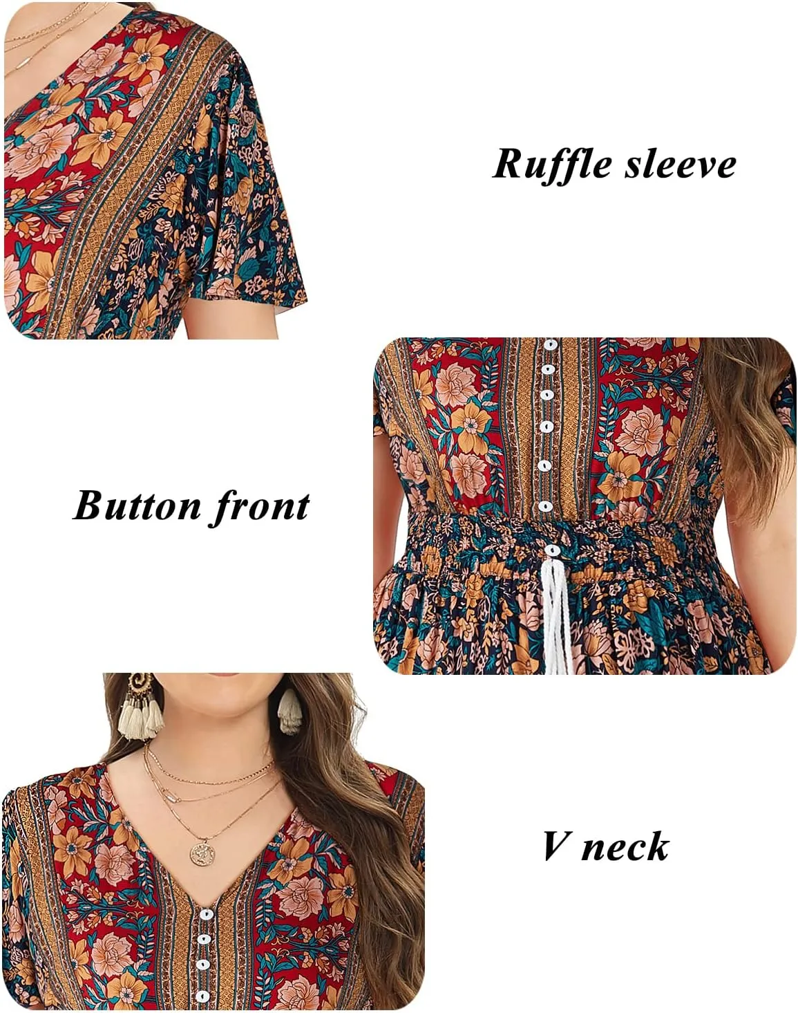 Women's Plus Size Floral Print Button Up Short Sleeve Split Flowy Beach Party Maxi Dress