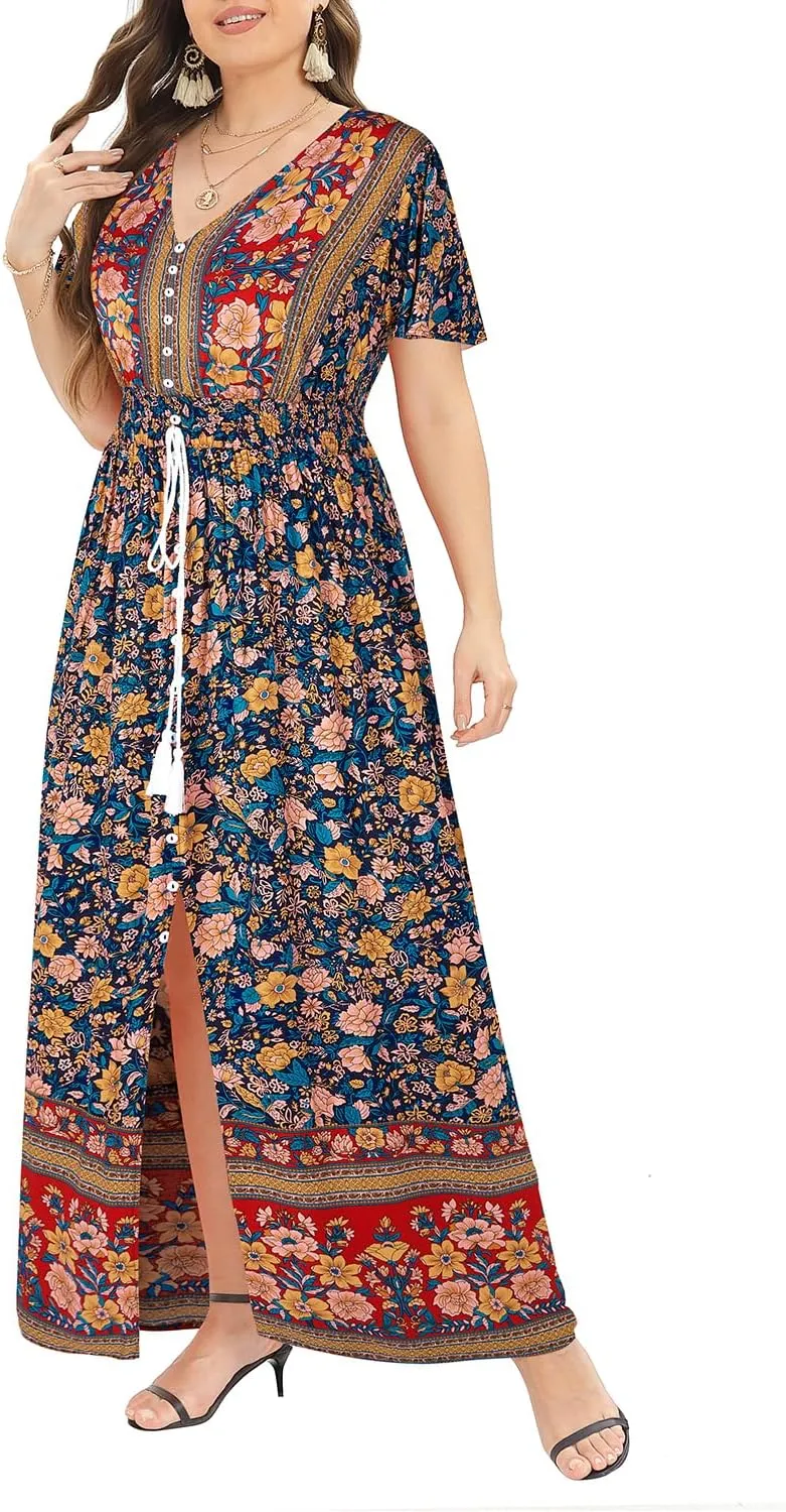 Women's Plus Size Floral Print Button Up Short Sleeve Split Flowy Beach Party Maxi Dress