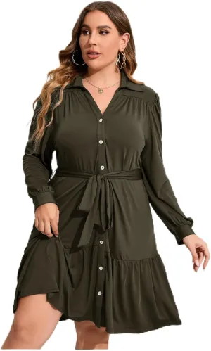 Women's Plus Size Long Sleeve Button Front Belted V Neck Ruffle Midi Shirt Dress in Wine Color