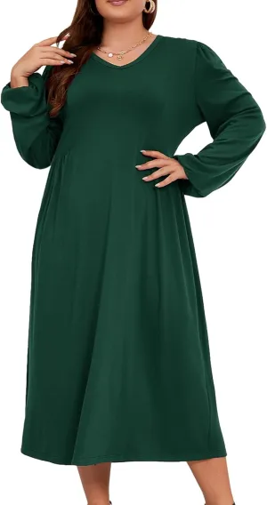 Women's Plus Size V Neck Dress Long Sleeve Casual Swing Loose Empire Waist Midi Dress