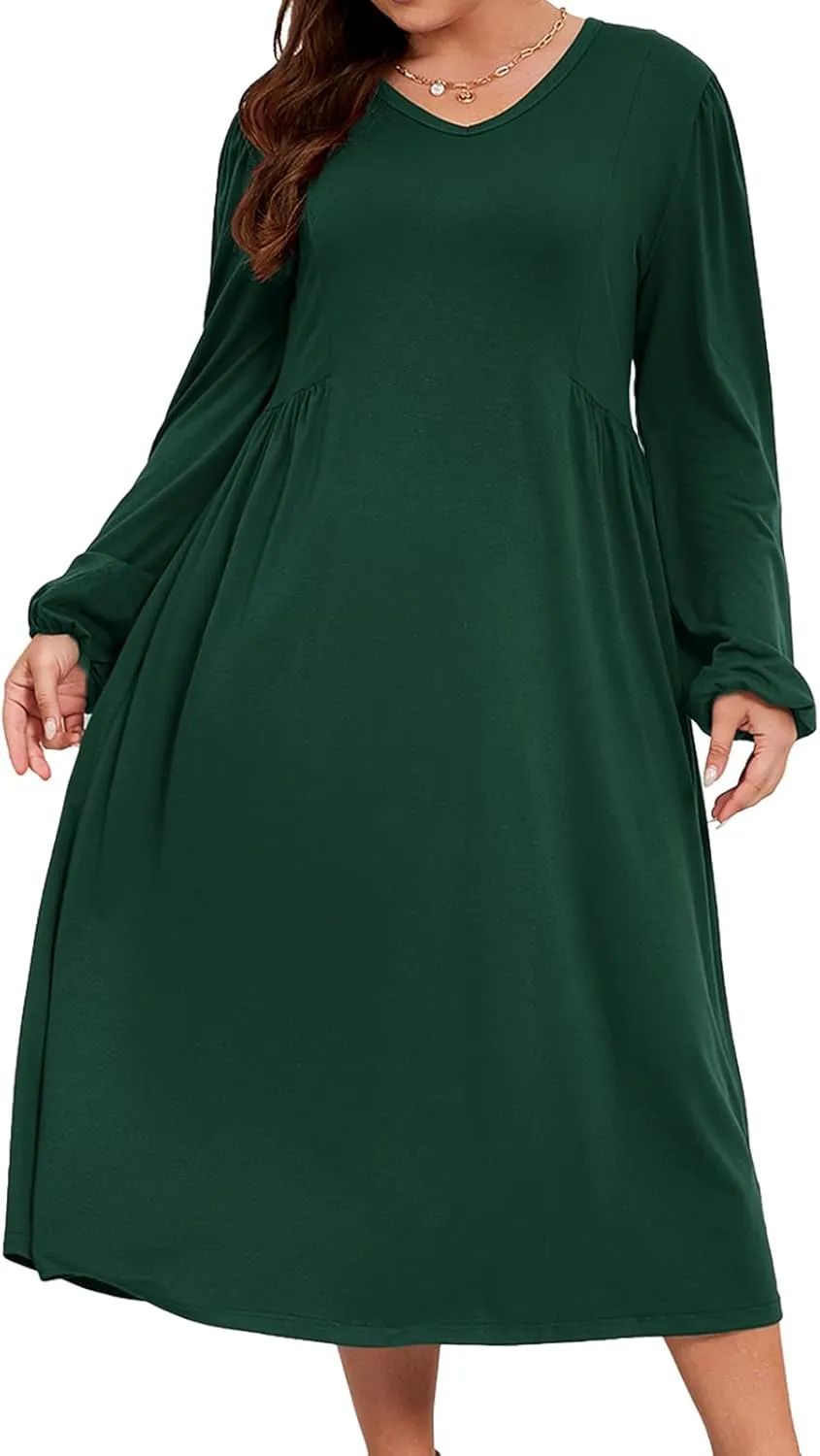 Women's Plus Size V Neck Dress Long Sleeve Casual Swing Loose Empire Waist Midi Dress