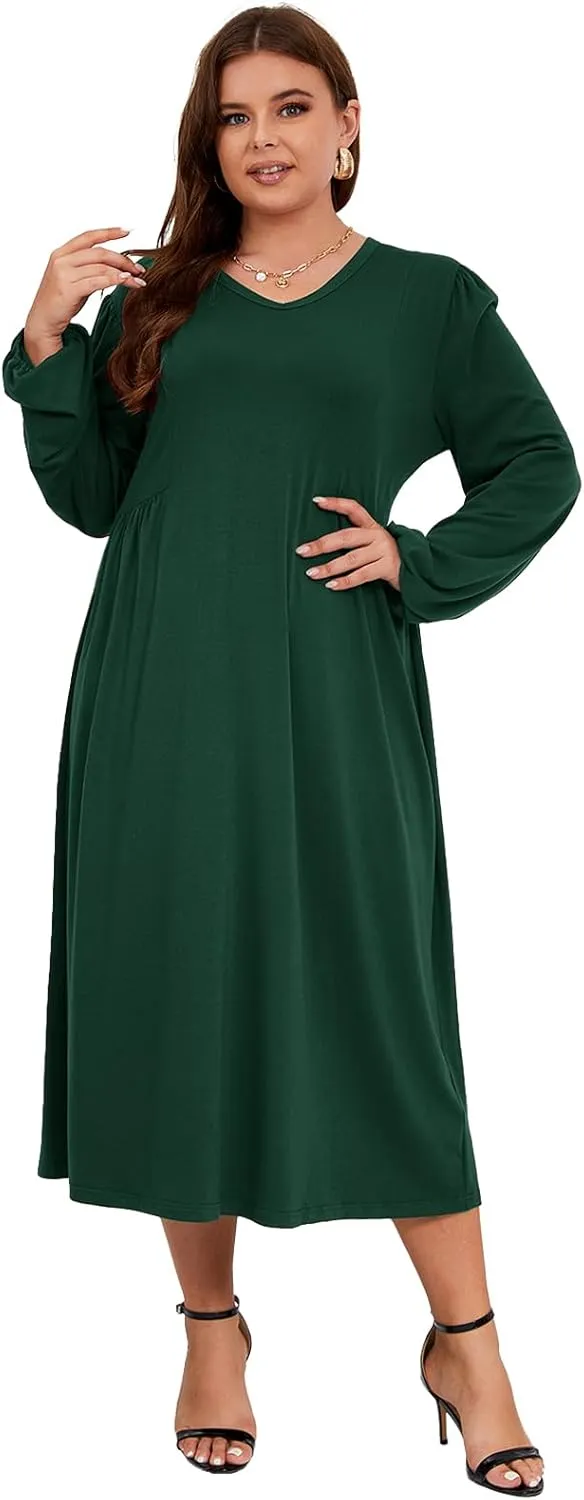 Women's Plus Size V Neck Dress Long Sleeve Casual Swing Loose Empire Waist Midi Dress