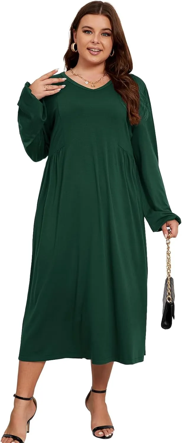Women's Plus Size V Neck Dress Long Sleeve Casual Swing Loose Empire Waist Midi Dress