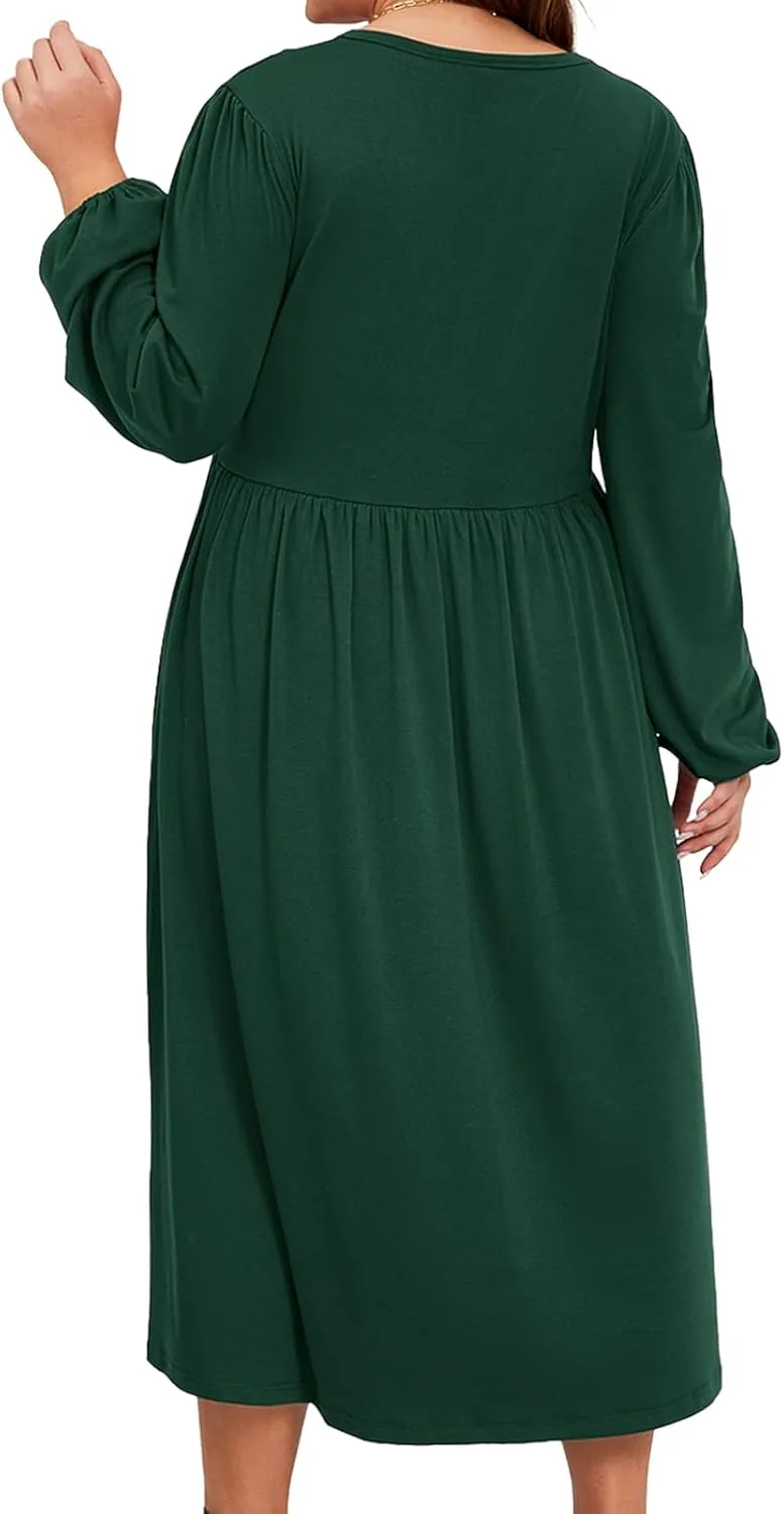 Women's Plus Size V Neck Dress Long Sleeve Casual Swing Loose Empire Waist Midi Dress