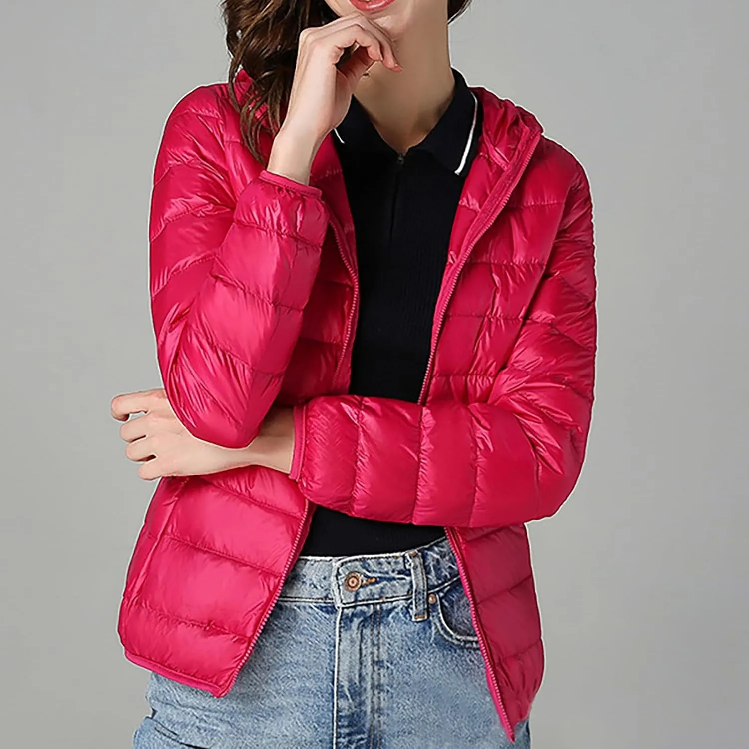 Women's Puffer Jacket Packable Quilted Lightweight Down Jacket Plus Size Short Bubble Coat Light Winter Hooded Coat