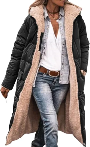 Women's Reversible Jackets with Hood Oversized Shearling Fleece Long Coats Winter Casual Fashion Clothes