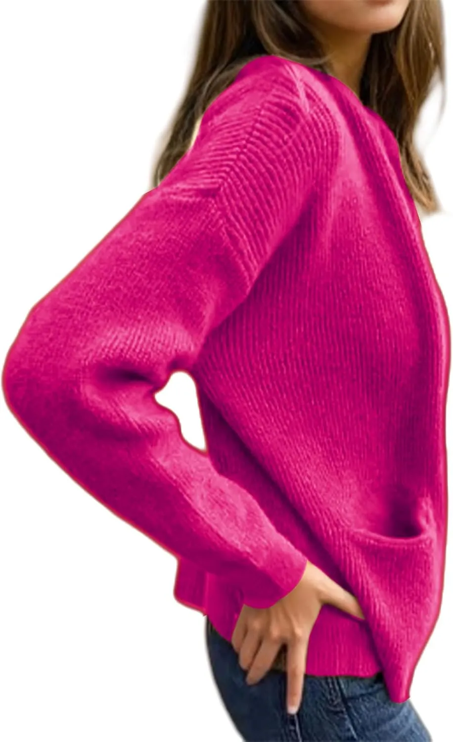 Women's Round Neck Zipper Knitted Jacket Zip Up Sweaters Long Sleeve Casual Loose Outwear with Pockets