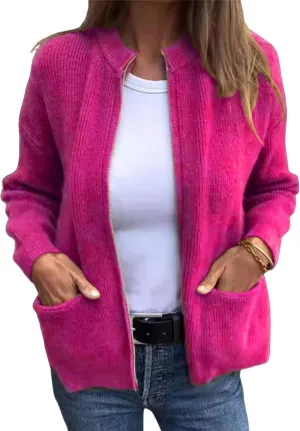 Women's Round Neck Zipper Knitted Jacket Zip Up Sweaters Long Sleeve Casual Loose Outwear with Pockets