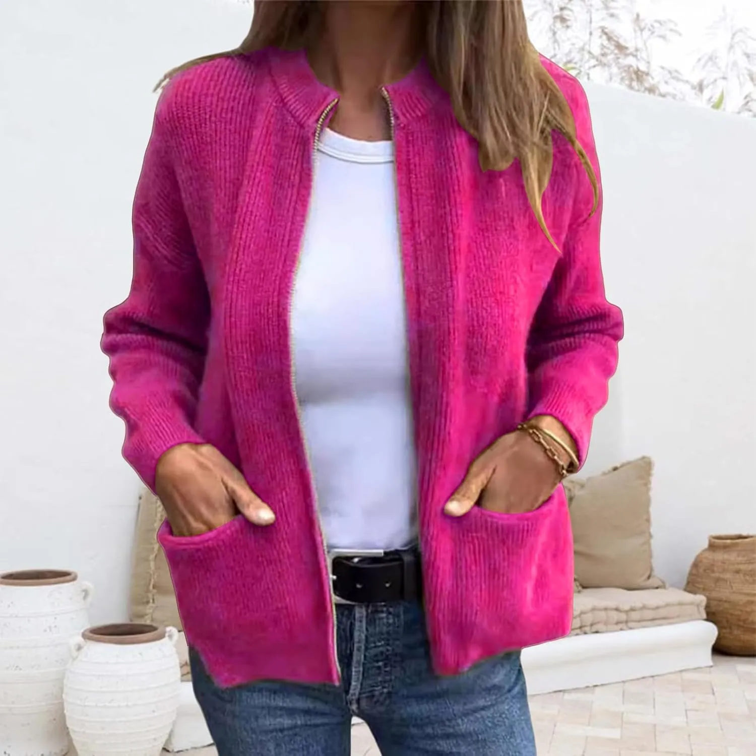 Women's Round Neck Zipper Knitted Jacket Zip Up Sweaters Long Sleeve Casual Loose Outwear with Pockets