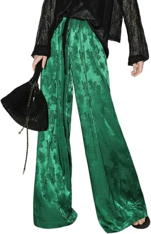 Women's Satin Wide Leg Pants Floral Textured Silky Casual Slacks High Waist Pants