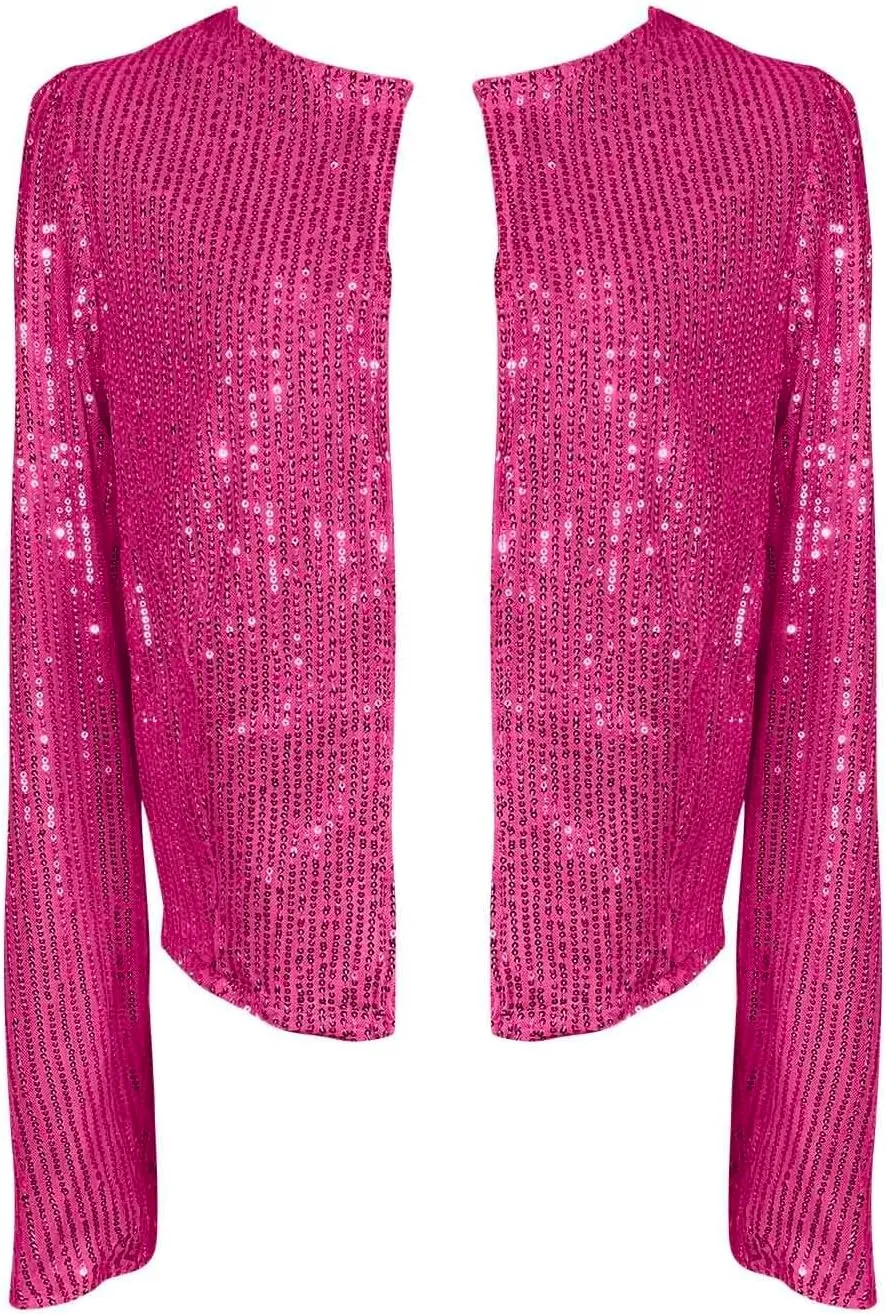 Women's Sequin Glitter Jacket Open Front Flight Short Blazer Party Clubwear Cardigan Sparkly Coat