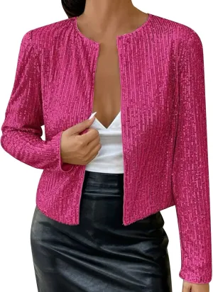 Women's Sequin Glitter Jacket Open Front Flight Short Blazer Party Clubwear Cardigan Sparkly Coat