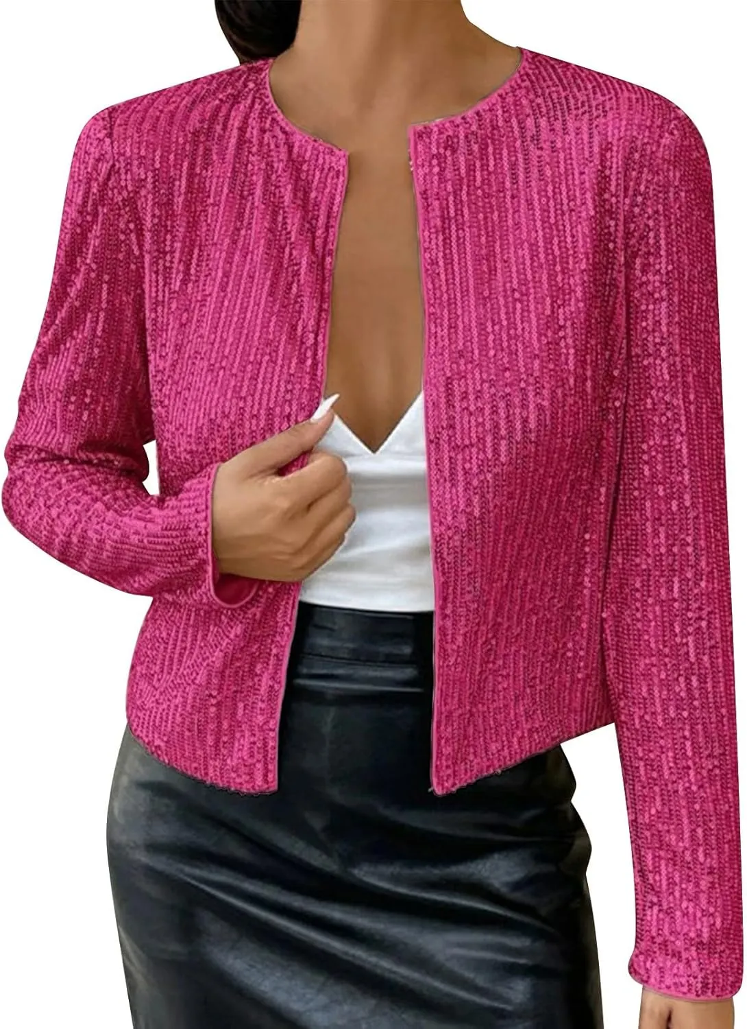 Women's Sequin Glitter Jacket Open Front Flight Short Blazer Party Clubwear Cardigan Sparkly Coat
