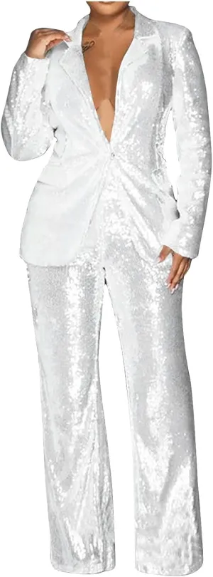 Womens Sequin Suit Blazer 2-Piece Set Sparkly Slim Fit Disco Party Outfit Formal Sequin Jacket High Waisted Pant Suit
