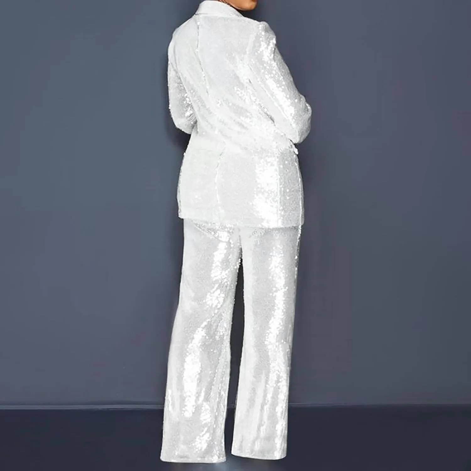 Womens Sequin Suit Blazer 2-Piece Set Sparkly Slim Fit Disco Party Outfit Formal Sequin Jacket High Waisted Pant Suit