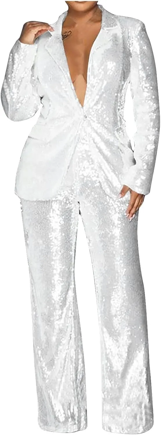 Womens Sequin Suit Blazer 2-Piece Set Sparkly Slim Fit Disco Party Outfit Formal Sequin Jacket High Waisted Pant Suit