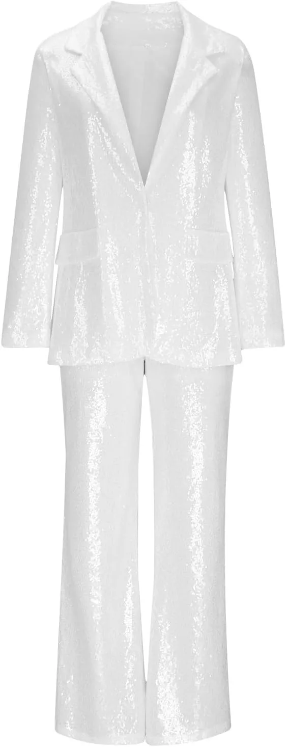 Womens Sequin Suit Blazer 2-Piece Set Sparkly Slim Fit Disco Party Outfit Formal Sequin Jacket High Waisted Pant Suit