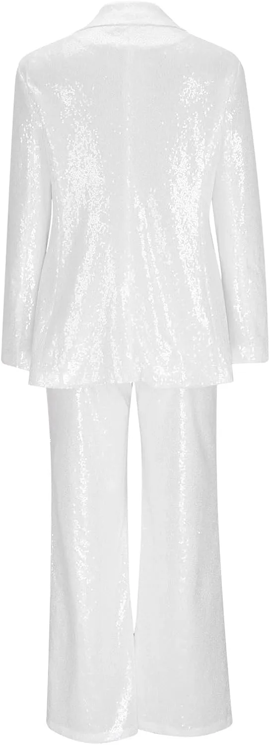 Womens Sequin Suit Blazer 2-Piece Set Sparkly Slim Fit Disco Party Outfit Formal Sequin Jacket High Waisted Pant Suit