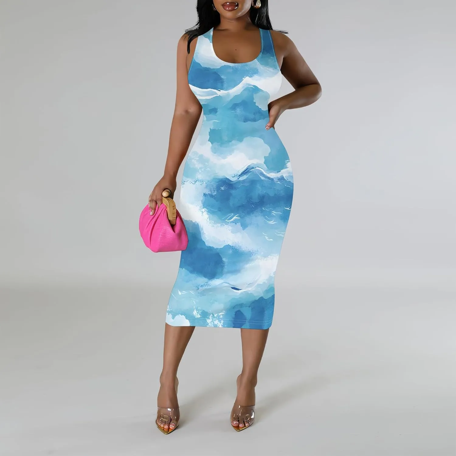 Women's Sexy Bodycon Tank Floral Print Dress Summer Pencil Sleeveless Basic Midi Dresses Party Club Beach Sundresses