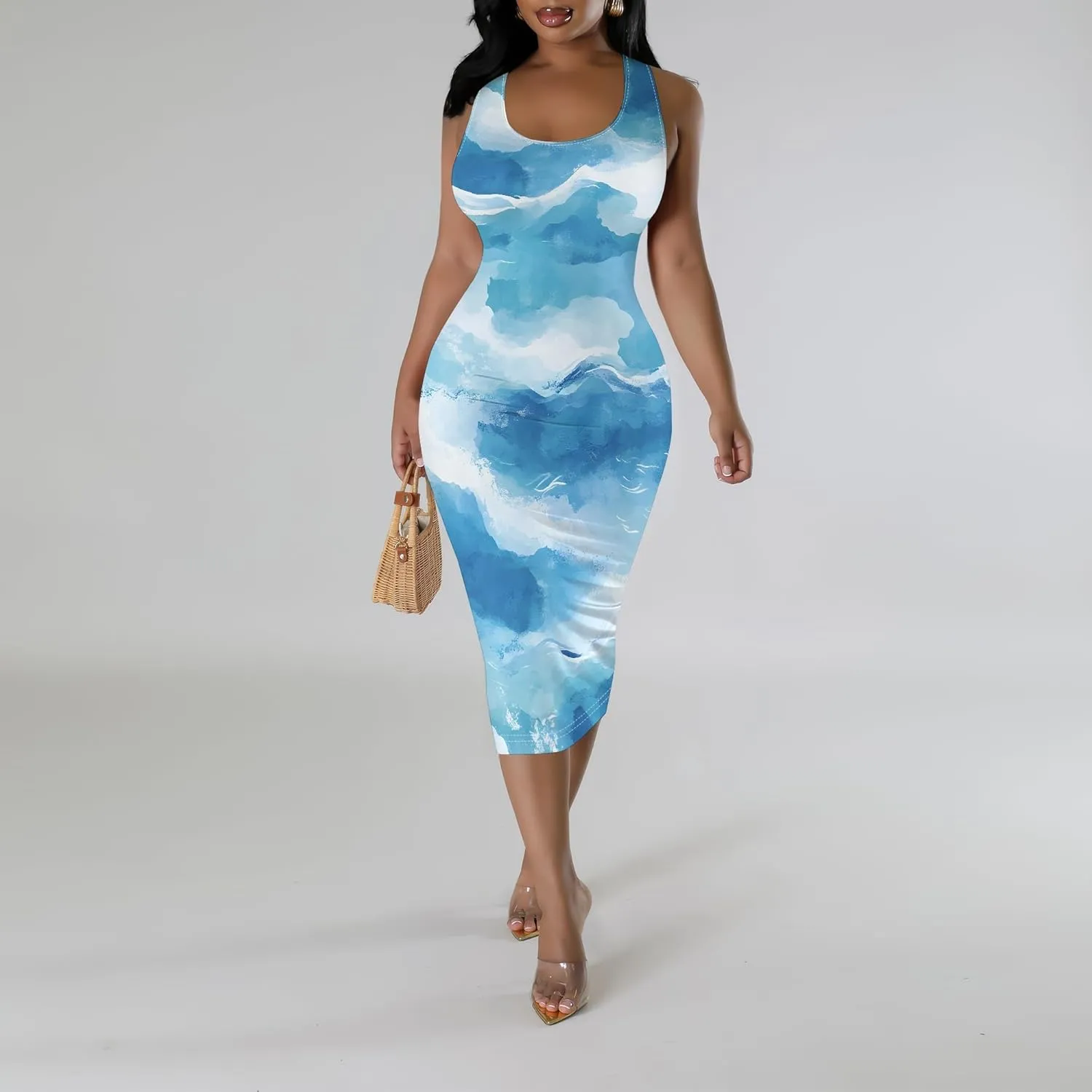Women's Sexy Bodycon Tank Floral Print Dress Summer Pencil Sleeveless Basic Midi Dresses Party Club Beach Sundresses