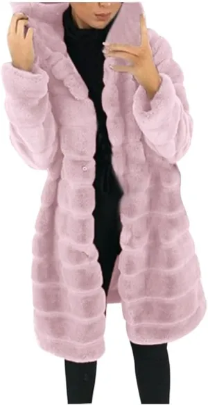 Womens Shaggy Winter Coat Long Faux Fur Trench Coat with Hood Open Front Faux Mink Cardigan Plus Size Winter Jackets