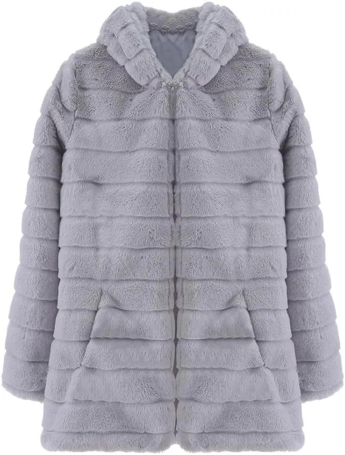 Womens Shaggy Winter Coat Long Faux Fur Trench Coat with Hood Open Front Faux Mink Cardigan Plus Size Winter Jackets