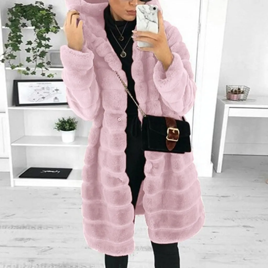 Womens Shaggy Winter Coat Long Faux Fur Trench Coat with Hood Open Front Faux Mink Cardigan Plus Size Winter Jackets