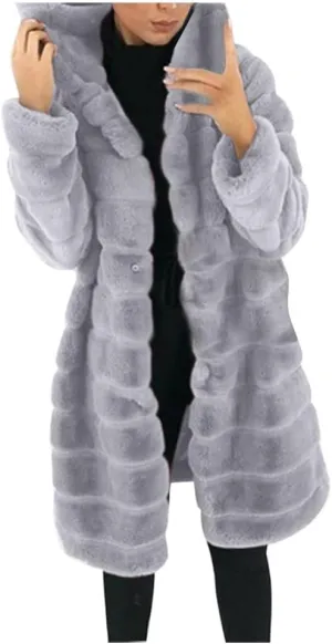 Womens Shaggy Winter Coat Long Faux Fur Trench Coat with Hood Open Front Faux Mink Cardigan Plus Size Winter Jackets