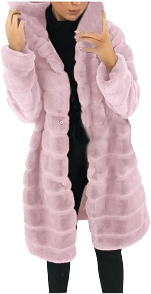 Womens Shaggy Winter Coat Long Faux Fur Trench Coat with Hood Open Front Faux Mink Cardigan Plus Size Winter Jackets