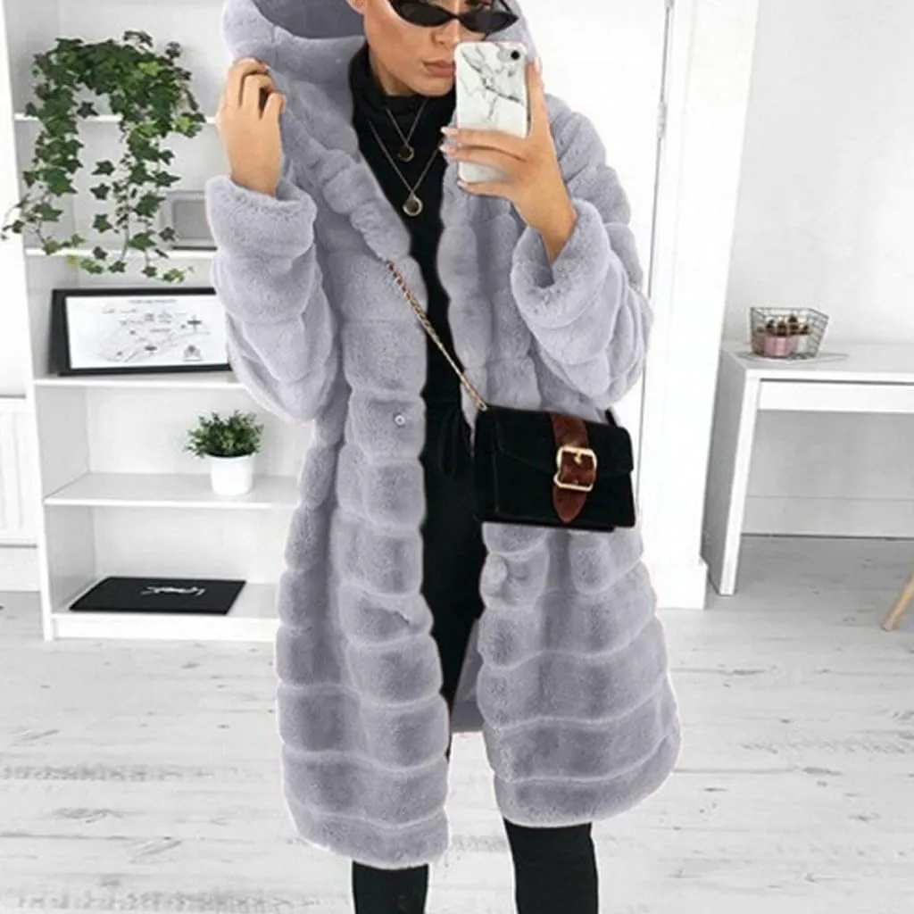 Womens Shaggy Winter Coat Long Faux Fur Trench Coat with Hood Open Front Faux Mink Cardigan Plus Size Winter Jackets