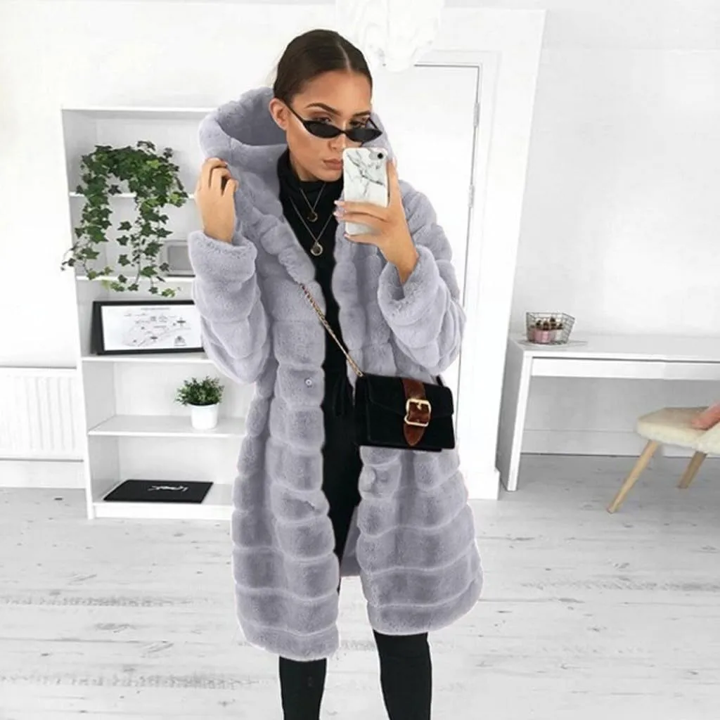 Womens Shaggy Winter Coat Long Faux Fur Trench Coat with Hood Open Front Faux Mink Cardigan Plus Size Winter Jackets