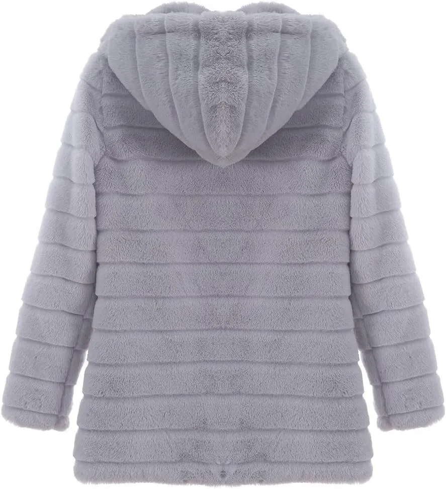 Womens Shaggy Winter Coat Long Faux Fur Trench Coat with Hood Open Front Faux Mink Cardigan Plus Size Winter Jackets