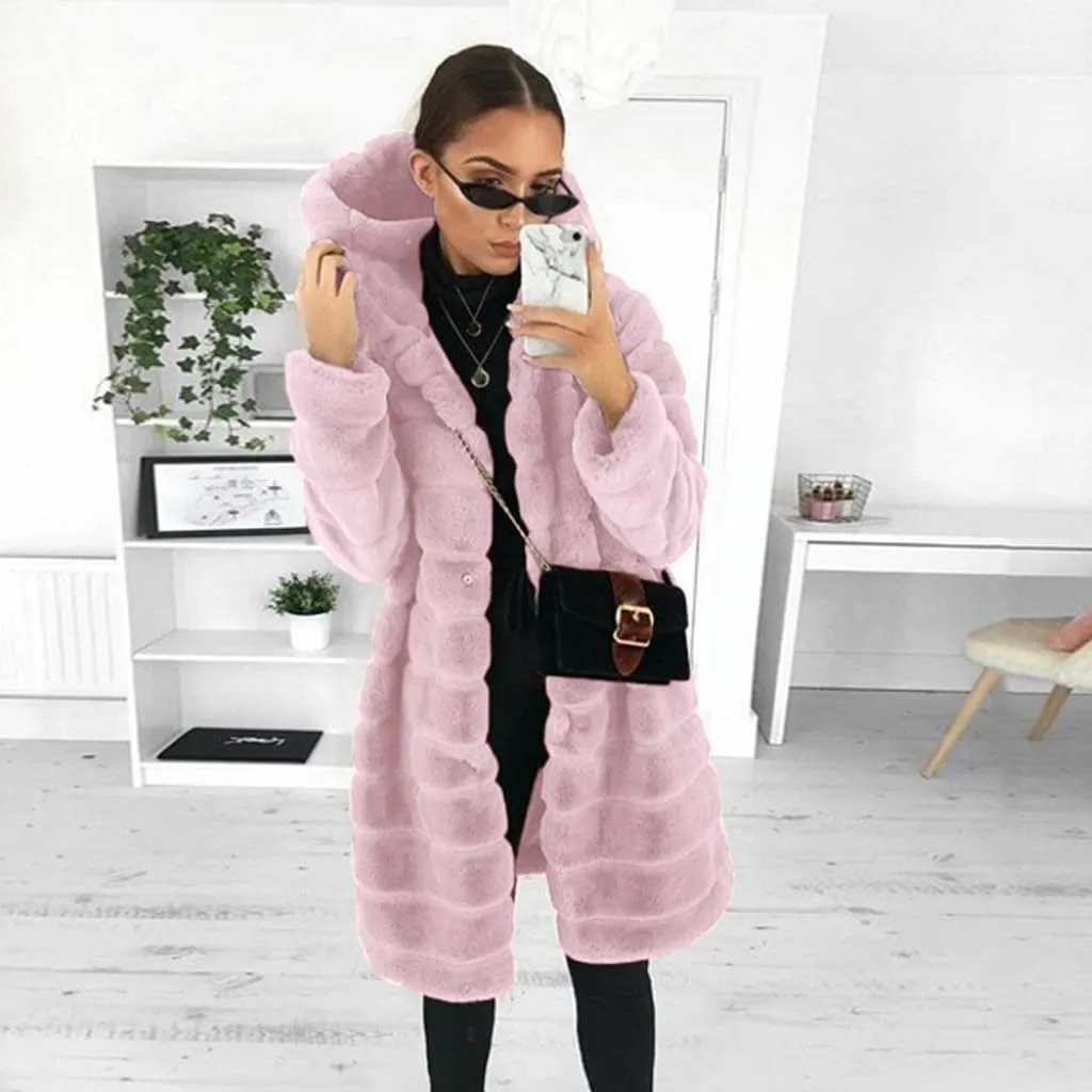 Womens Shaggy Winter Coat Long Faux Fur Trench Coat with Hood Open Front Faux Mink Cardigan Plus Size Winter Jackets