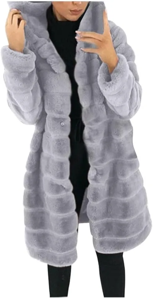 Womens Shaggy Winter Coat Long Faux Fur Trench Coat with Hood Open Front Faux Mink Cardigan Plus Size Winter Jackets