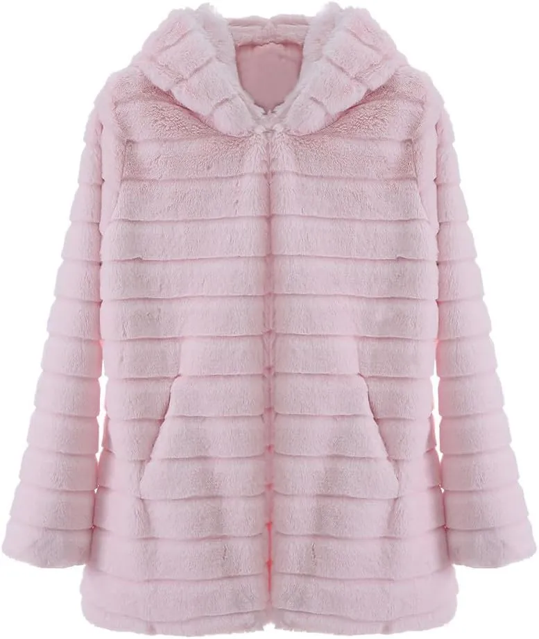 Womens Shaggy Winter Coat Long Faux Fur Trench Coat with Hood Open Front Faux Mink Cardigan Plus Size Winter Jackets