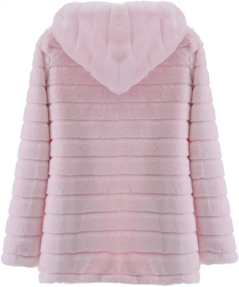 Womens Shaggy Winter Coat Long Faux Fur Trench Coat with Hood Open Front Faux Mink Cardigan Plus Size Winter Jackets