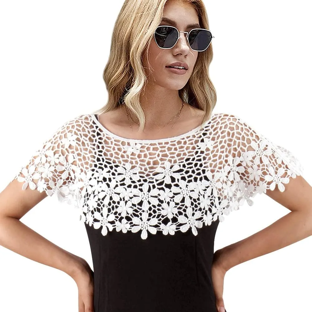 Women's Shawl Wraps Lace Shrug Short Sleeve Boho Cape Bolero Blazer Bridal Cover Up Cardigan